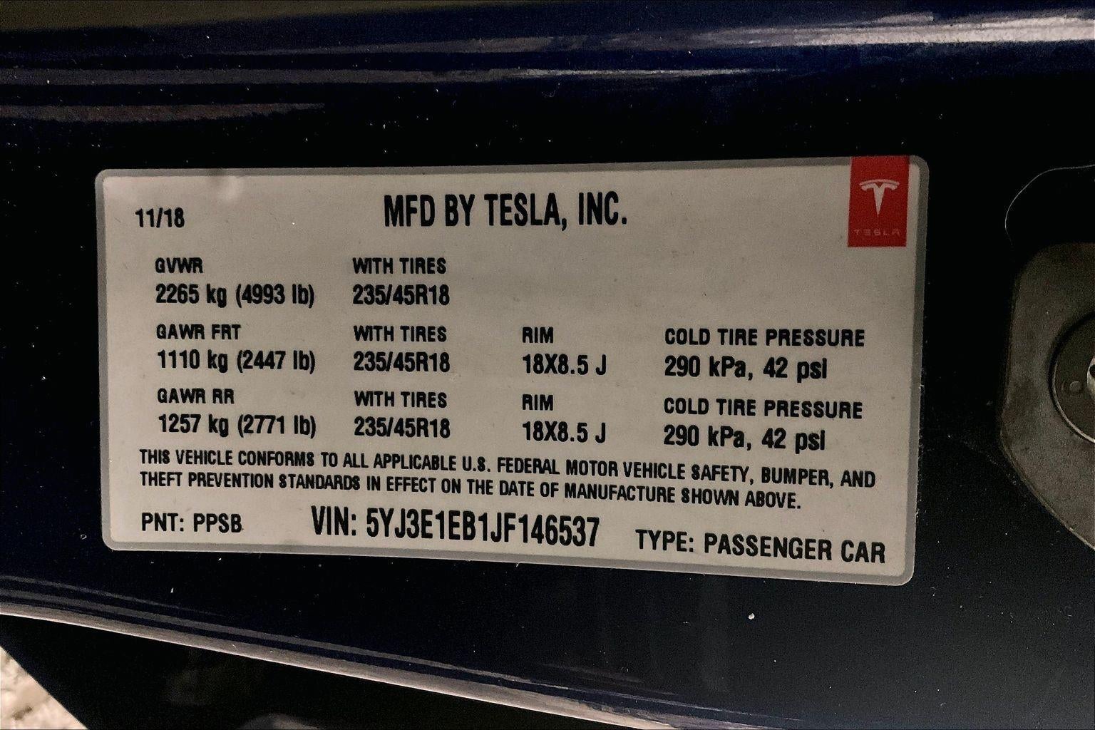 2018 Tesla Model 3 Long Range Battery